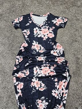 Navy Floral V-Neck Women's Dress with Pink Blooms